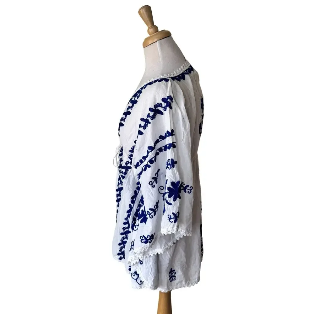 LA BLANCA Blue & White Embroidered Kaftan Swim Cover-up tunic V Neck Size XS